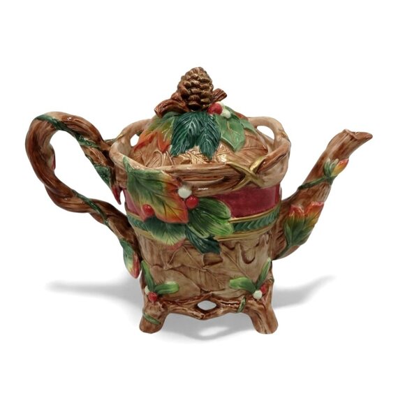 FITZ & FLOYD Classics Christmas Lodge Teapot With Pinecone and Leaf Design - Picture 1 of 13